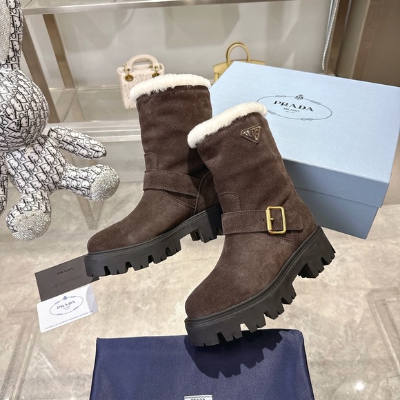 Prada Women's Dark Brown Winter Boots with White Trim - Picture 6 of 6